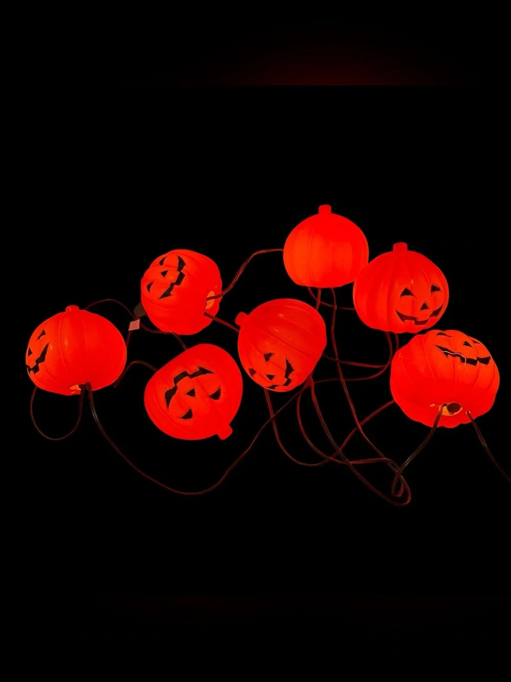 Vtg Large Pumpkin Blow Mold 7 String Light Set Tiki Lights WORKS Jack O Lantern.